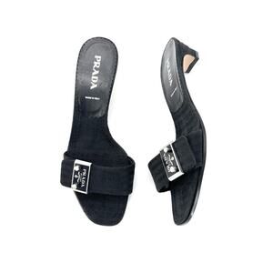 Prada Enamel Metal Logo Plaque Kitten Heel Slip On Mules Sandals 36.5